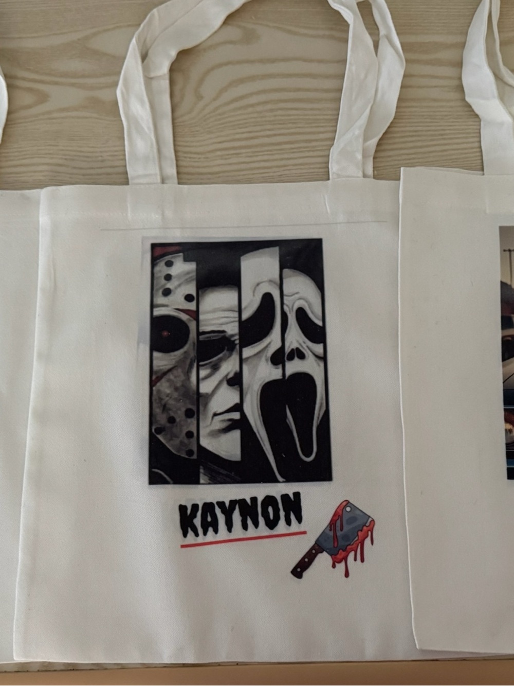 White Graphic Tote Bag with Horror Mask Design custom halloween totes
